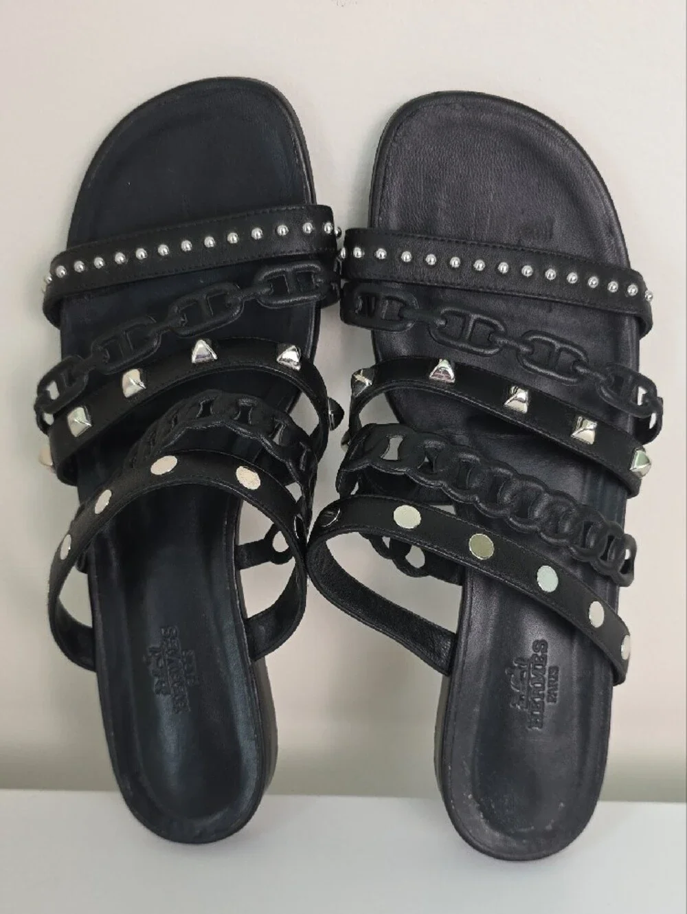 Hermes Black Studded Chain-Strap Slide Sandals.  Size 38.  US Size 7 1/2